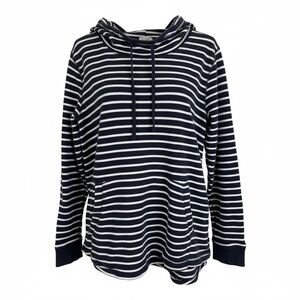 J.Crew Navy Blue and White Striped Funnel Neck Cotton Pullover Large